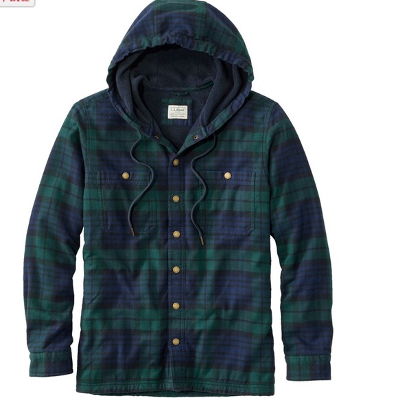 NWT L.L. Bean Hooded Fleece Lined Plaid Flannel Snap Front Men’s M 513831 - Picture 1 of 10